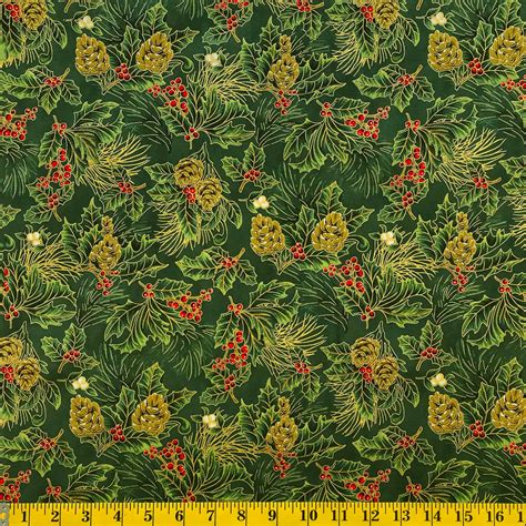 Jordan Fabrics Metallic Christmas Blossom 10002 8 Greengold Pine Berr