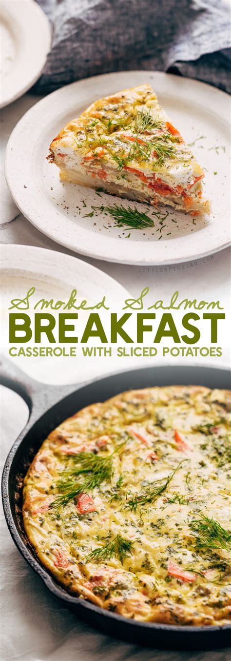 A delicious pacific northwest recipe made with smoked salmon and cream cheese. Smoked Salmon Breakfast Casserole Recipe | Little Spice Jar