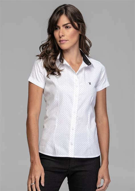 camisa feminina social manga curta micro estampa branca elegance camisas