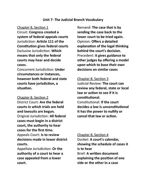 Copy Of Unit 7 The Judicial Branch Vocabulary Unit 7 The Judicial