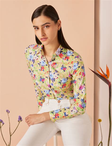Womens Yellow And Blue Floral Print Fitted Cotton Stretch Shirt Hawes