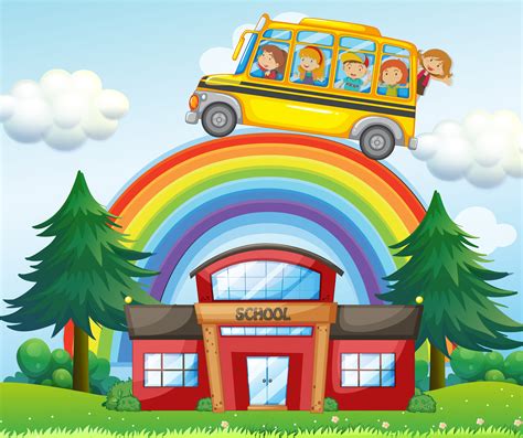 Children On School Bus Riding Over The Rainbow 433317 Vector Art At