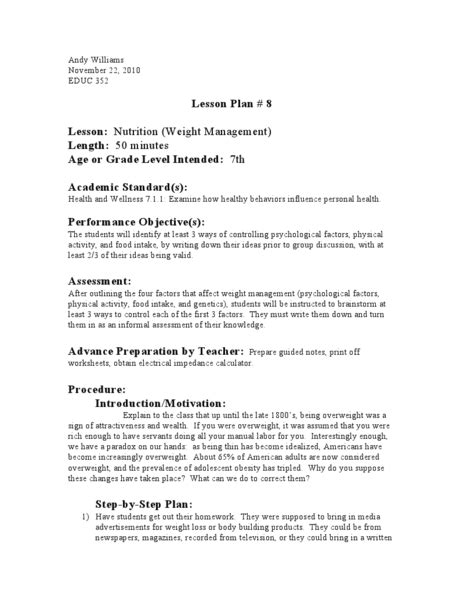 Nutrition Weight Management Lesson Plan For 7th Grade Lesson Planet
