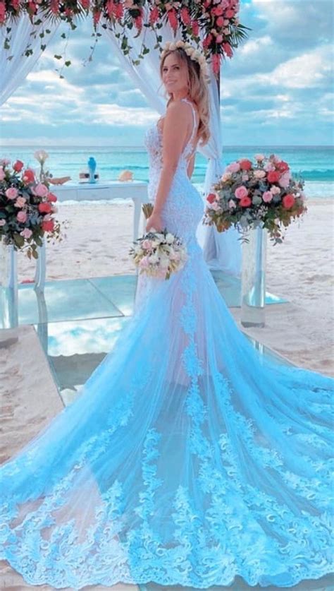 mermaid spaghetti strap white wedding dress with chapel train light blue wedding dress blue