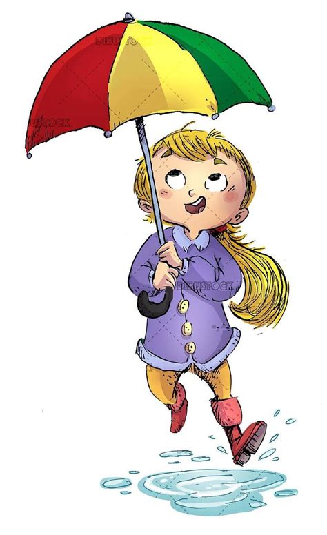 Girl With Umbrella Stepping On A Puddle Of Water Ilustración De