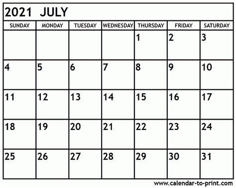 2021 July Calendar Printable Calendars 2021