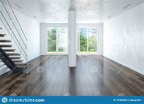 3d Rendering Of An Empty Modern Loft With Large Windows And A Staircase