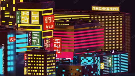 3d Voxel Night Cityscape Background Pixel Art Cyberpunk Style City