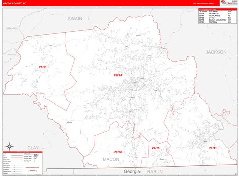 Macon County Nc Zip Code Wall Map Red Line Style By Marketmaps