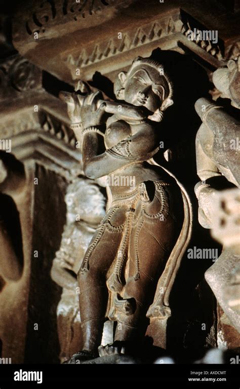 Vishvanath Temple Interior Flautist Sculpture Khajuraho Madhya
