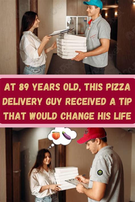 A Man Handing Pizza To A Woman In Front Of A Sign That Says At 89 Years Old This Pizza Delivery