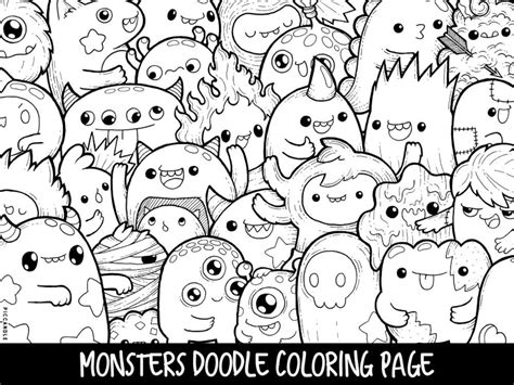 Monsters Doodle Coloring Page Printable Cutekawaii Coloring Etsy