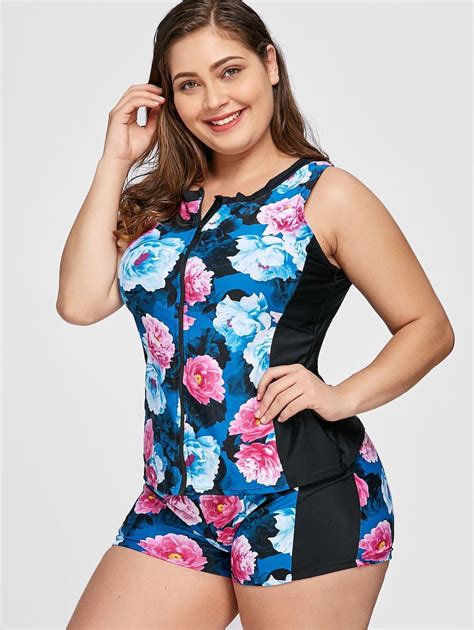 Plus Size Floral Print Zipper Tankini Set Plus Size Tankini Tankini Set Beachwear Fashion