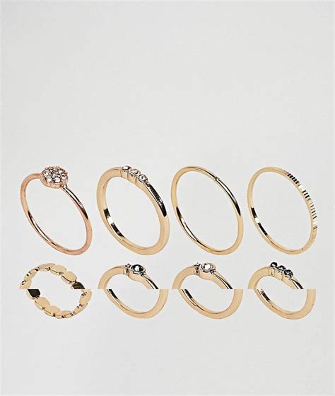 Asos Pack Of 8 Mixed Stone And Metal Detail Rings Gold Detailed