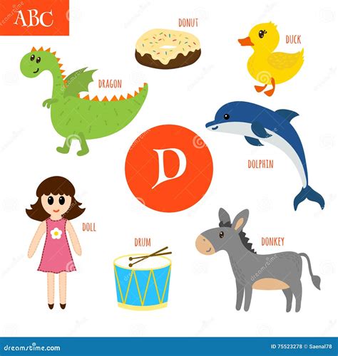 Letter D Cartoon Alphabet For Children Duck Drum Dolphin Do Stock