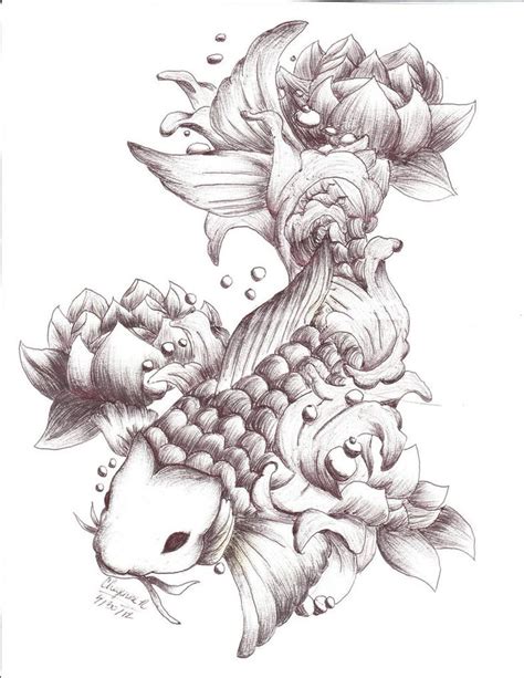 An Ink Drawing Of Flowers And Fish
