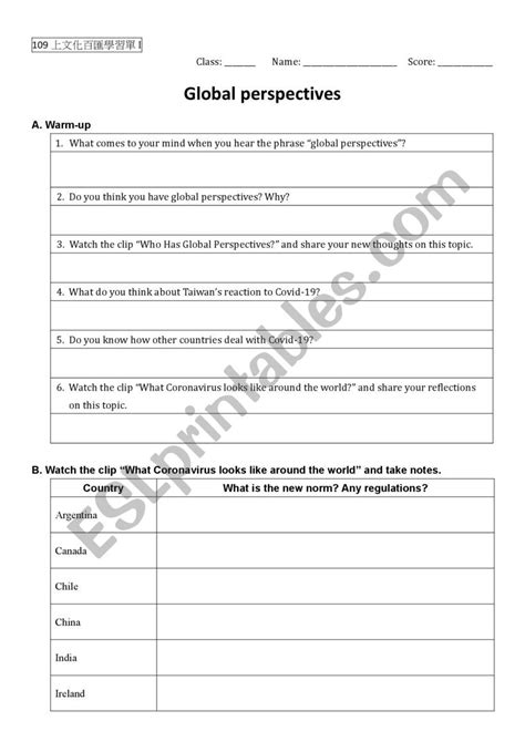 English Worksheets Introduction To Global Perspective