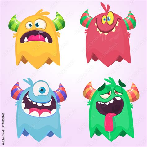 Cute Happy Cartoon Monster With Horns Smiling Monster With Big Mouth Halloween Vector