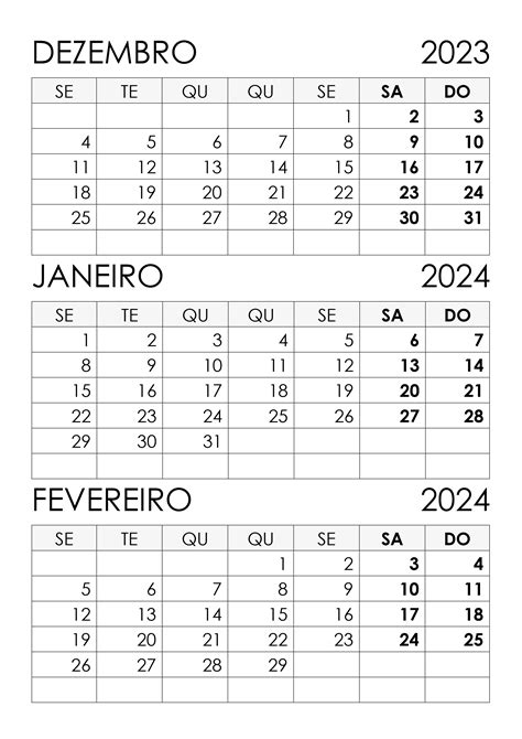 Calendário Dezembro 2023 E Janeiro Fevereiro 2024 Calendarios365su