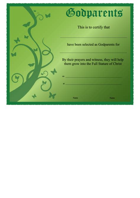 Godparent Certificate Template Green Vine Printable Pdf Download