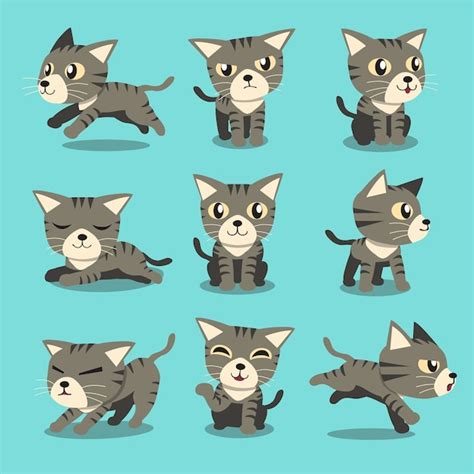 Premium Vector Cartoon Character Grey Tabby Cat Poses