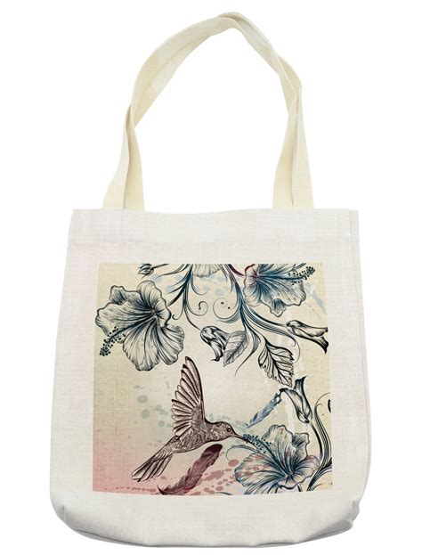 Hummingbird Tote Bag Floral Art In Vintage Style Bird Hibiscus Flowers