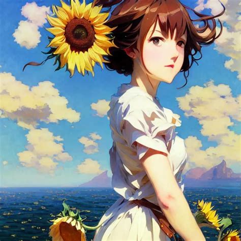 Beautiful Sunflower Anime Girl Krenz Cushart Mucha Stable