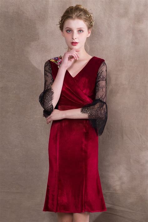Knee Length Burgundy Velvet Prom Dresses Lace Sleeve Np 0392