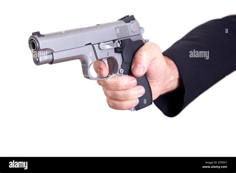 The Right Hand Mature Adult Man Wearing Suit Holding 9mm Gun Both Hands