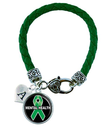 Custom Mental Health Awareness Ribbon Green Leather Bracelet Jewelry