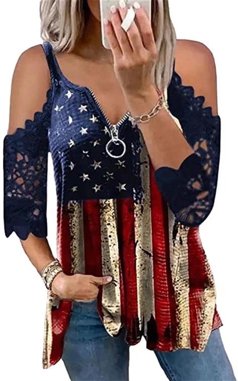 Beopjesk Womens Lace Sleeve American Flag Stars Stripes Shirts Blouse