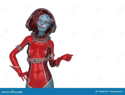 alien queen in a red sci fi outfit is thinking about in a white background stock illustration