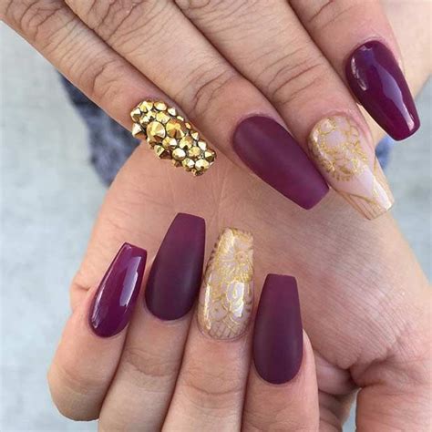 Matte Burgundy And Gold New Years Eve Nail Design For Coffin Nails