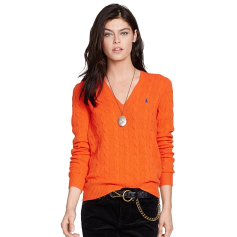 Polo Ralph Lauren Cable Knit V Neck Sweater In Bright Orange Orange