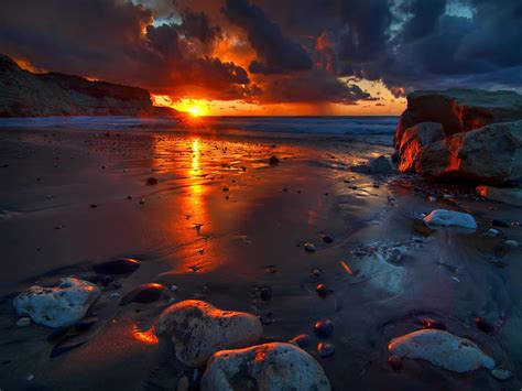 1920x1080px 1080p Free Download Sunset Beach Rocks Glow Shore Sun Fiery Dusk Bonito