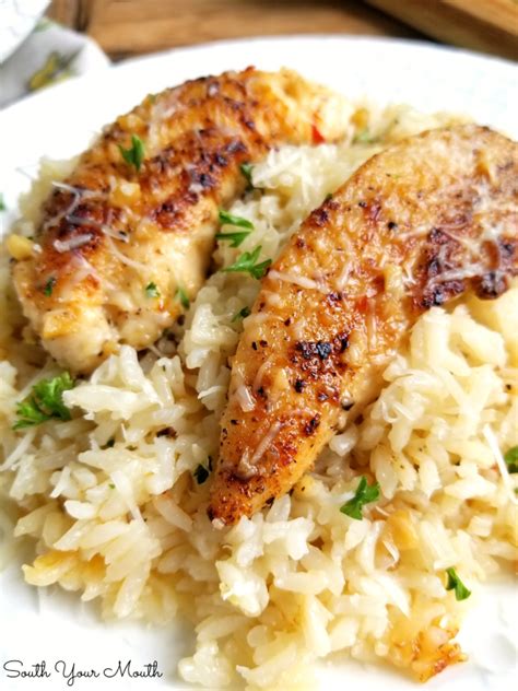 Nice and garlicky and filled with lots of bits of chicken. Chicken Scampi with Garlic Parmesan Rice - FoodVox.com