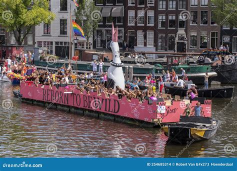 disco dolly boat at the gaypride canal parade with boats at amsterdam the netherlands 6 8 2022