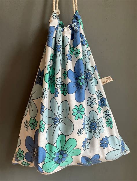 Retro Print Fabric Drawstring Produce Bag Blue Floral Etsyde