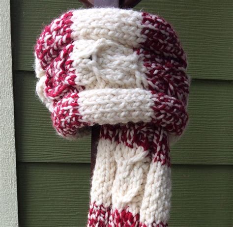 Chunky Scarf Hand Knit In A Cable Design With Candy Cane Etsy Hand