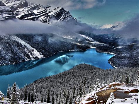 Lake Landscape Mountains Snow Winter Clouds Trees Hd