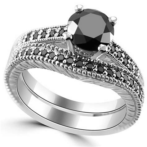 Black Diamond Stackable Curved Wedding Ring Vintage Style