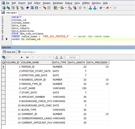 Oracle HRMS World SQL Query Find Columns Of Any Table