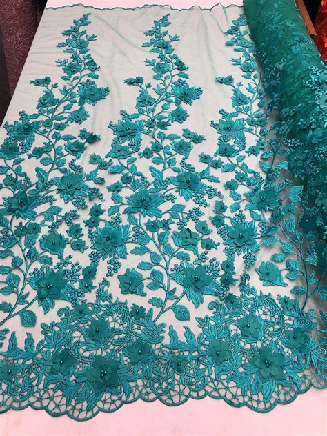 Bridal Lace Fabric Hand Embroidered Flower 3d Pearls Teal For Veil