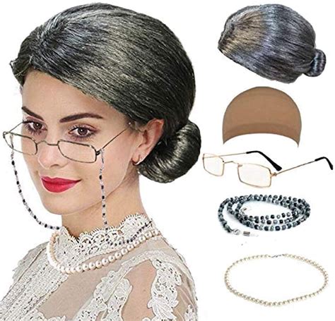 mrs clause wig old lady costume characters set for women madea granny glass faux pearl beads