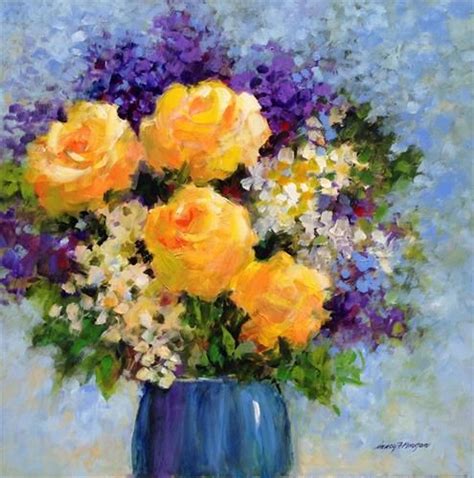 An Oil Painting Of Yellow Roses In A Blue Vase With Purple And White