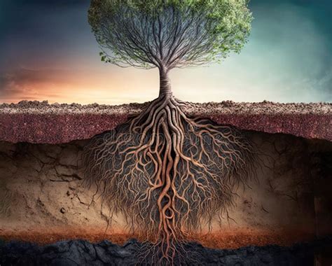 Root System Of A Tree Growing Deep Through Layers Of Soil And Rock