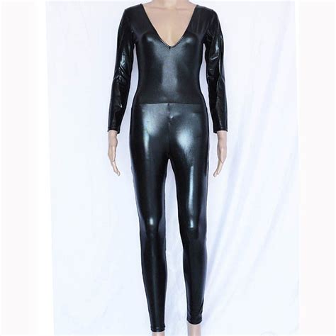 Black Sexy Catsuit Sexy Lace Up Style Hollow Out Faux Leather Jumpsuit Low V Neck Long Catsuit W