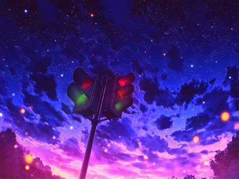 Download Traffic Light Evening Beautiful Sky Anime 1024x768