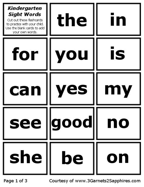 Sight Word Flash Cards Printables