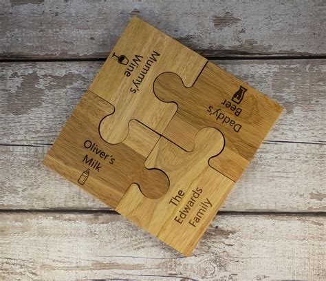 Personalised 4 Or 6 Piece Jigsaw Coaster Solid Wood Etsy